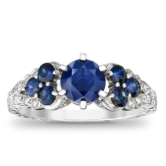 6.0mm Blue Sapphire and 0.13 CT. T.W. Natural Diamond Engagement Ring in Solid 14K White Gold