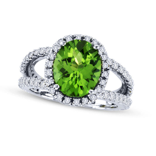 Oval Peridot and 0.88 CT. T.W. Natural Diamond Ring in Solid 14K White Gold