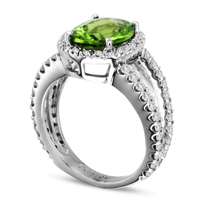 Oval Peridot and 0.88 CT. T.W. Natural Diamond Ring in Solid 14K White Gold