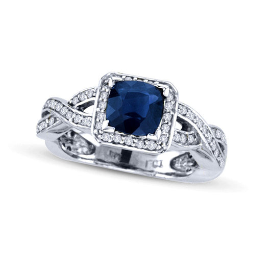 6.0mm Cushion-Cut Blue Sapphire and 0.38 CT. T.W. Natural Diamond Frame Engagement Ring in Solid 14K White Gold