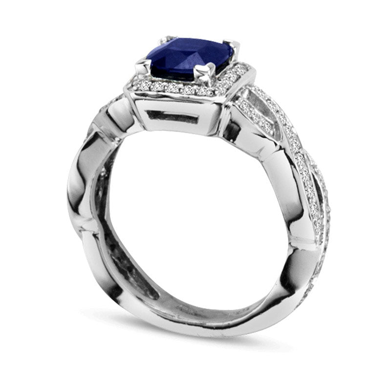 6.0mm Cushion-Cut Blue Sapphire and 0.38 CT. T.W. Natural Diamond Frame Engagement Ring in Solid 14K White Gold