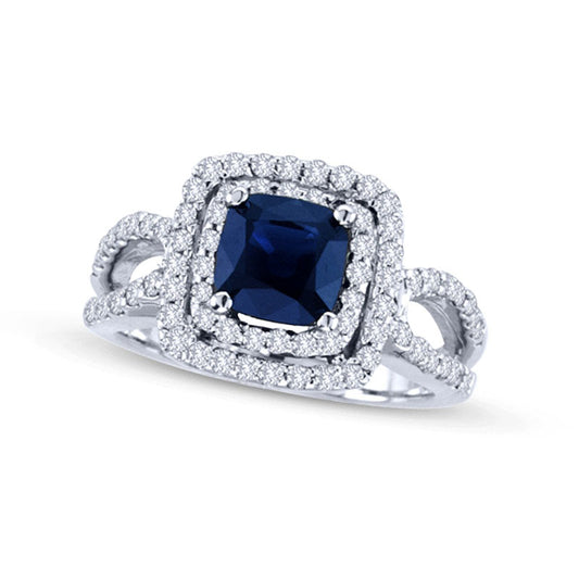 6.5mm Cushion-Cut Blue Sapphire and 0.75 CT. T.W. Natural Diamond Frame Engagement Ring in Solid 14K White Gold