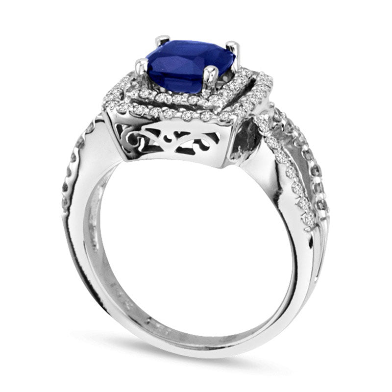 6.5mm Cushion-Cut Blue Sapphire and 0.75 CT. T.W. Natural Diamond Frame Engagement Ring in Solid 14K White Gold