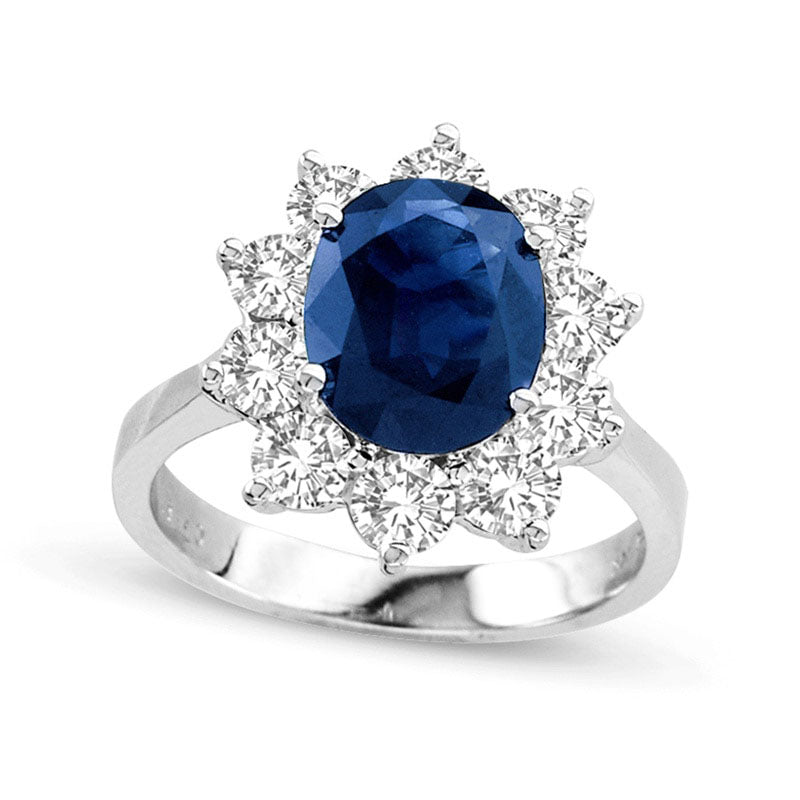 Oval Blue Sapphire and 1.5 CT. T.W. Natural Diamond Frame Engagement Ring in Solid 14K White Gold