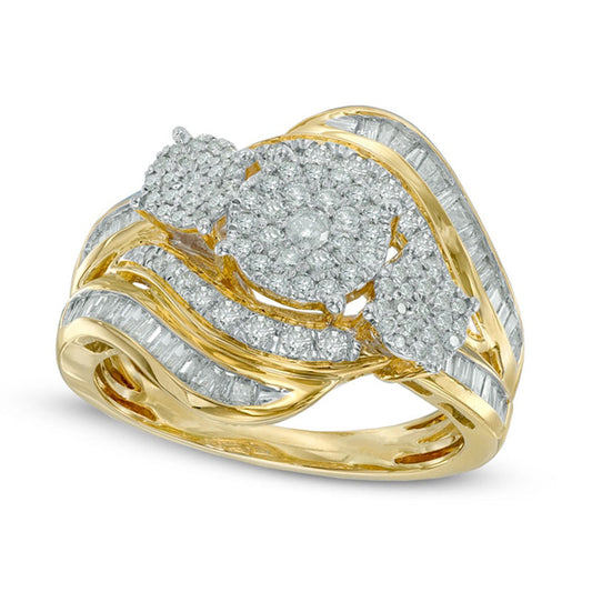 1.0 CT. T.W. Natural Diamond Three Stone Cluster Bypass Ring in Solid 10K Yellow Gold