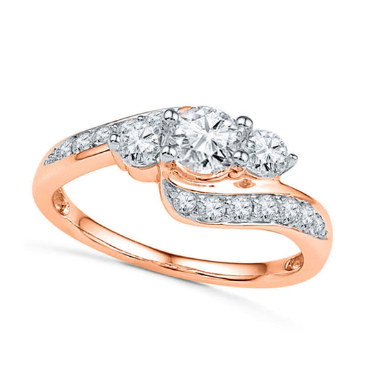 Lab-Created White Sapphire Three Stone Bypass Ring in Solid 10K Rose Gold