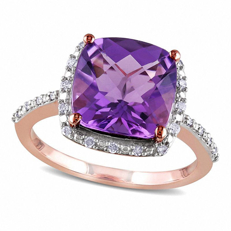 10.0mm Cushion-Cut Amethyst and 0.10 CT. T.W. Natural Diamond Frame Ring in Solid 10K Rose Gold