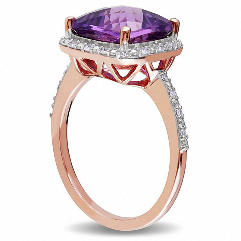 10.0mm Cushion-Cut Amethyst and 0.10 CT. T.W. Natural Diamond Frame Ring in Solid 10K Rose Gold