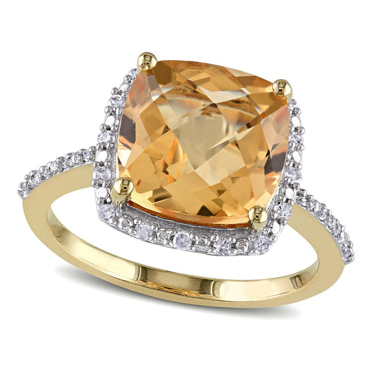 10.0mm Cushion-Cut Citrine and 0.10 CT. T.W. Natural Diamond Frame Ring in Solid 10K Yellow Gold