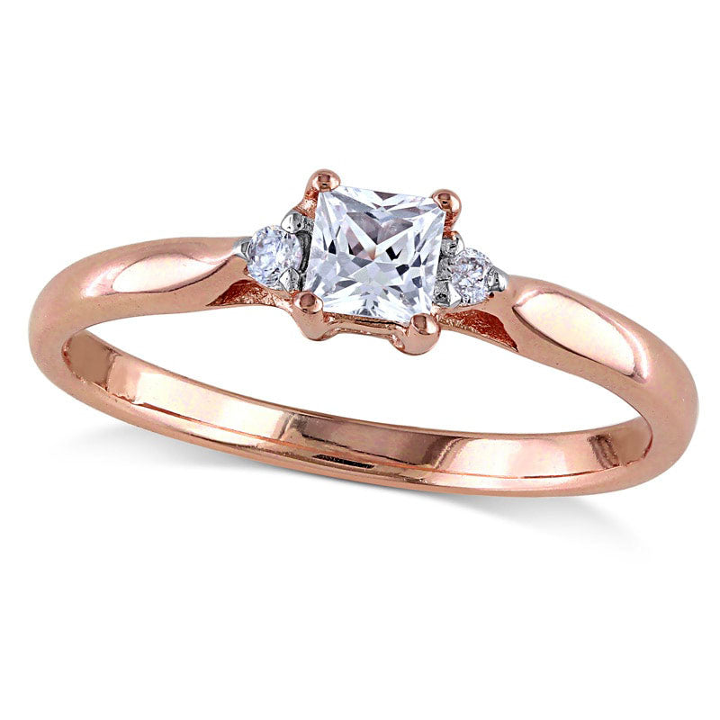 3.5mm Princess-Cut Lab-Created White Sapphire and 0.05 CT. T.W. Diamond Promise Ring in Rose Rhodium Sterling Silver