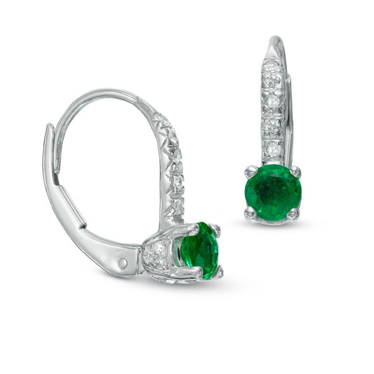 4.0mm Emerald and 0.1 CT. T.W. Diamond Drop Earrings in 14K White Gold