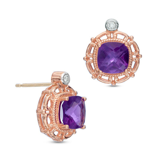 6.0mm Cushion-Cut Amethyst and Diamond Accent Stud Earrings in 10K Rose Gold