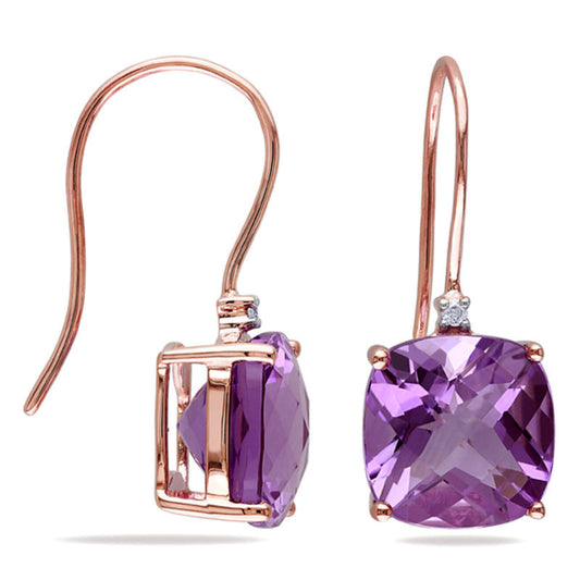 10.0mm Cushion-Cut Amethyst and Diamond Accent Drop Earrings in 10K Rose Gold