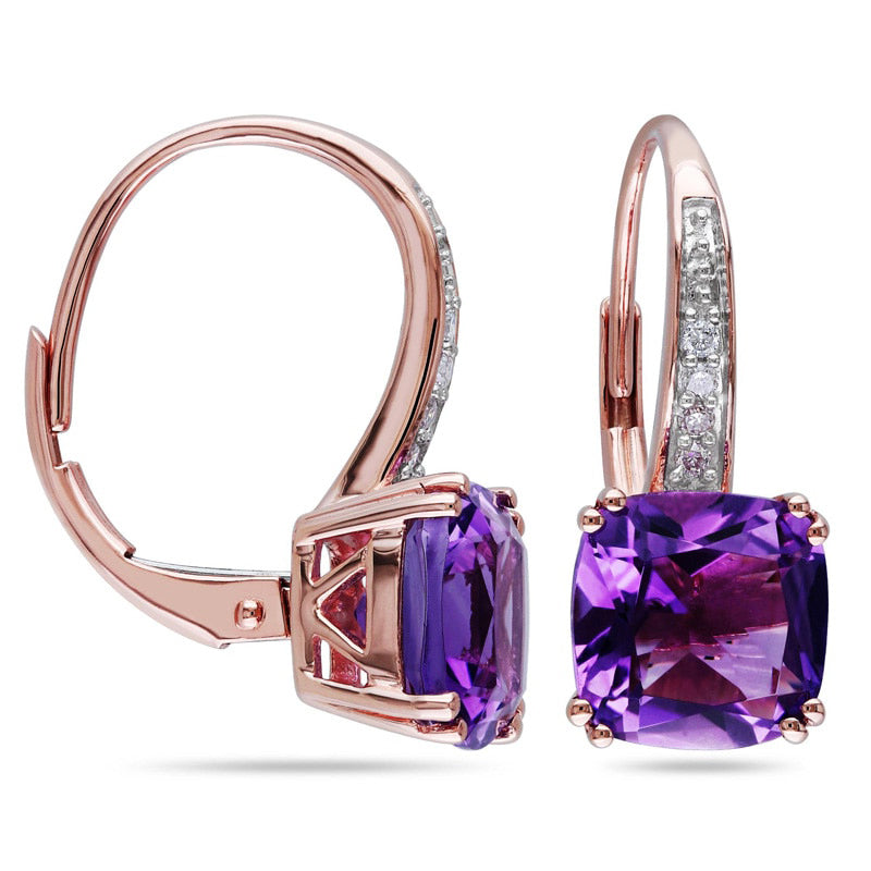 8.0mm Cushion-Cut Amethyst and Diamond Accent Drop Earrings in 10K Rose Gold