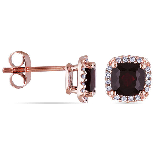 5.0mm Cushion-Cut Garnet and 0.1 CT. T.W. Diamond Stud Earrings in 10K Rose Gold