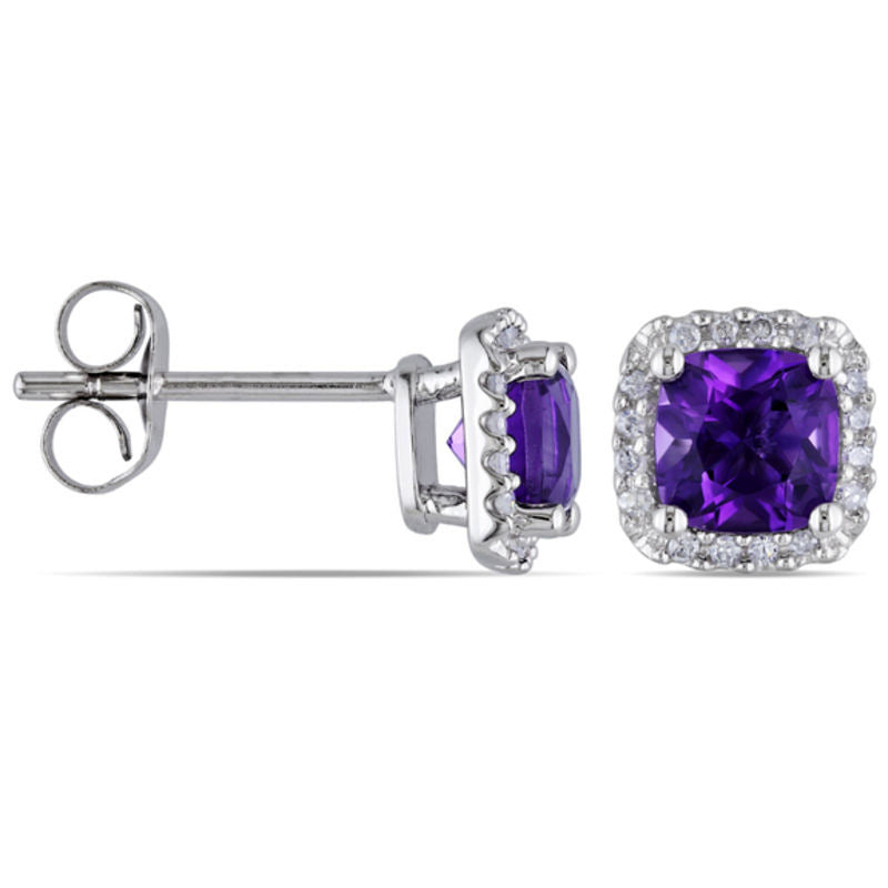 5.0mm Cushion-Cut Amethyst and 0.1 CT. T.W. Diamond Stud Earrings in 10K White Gold