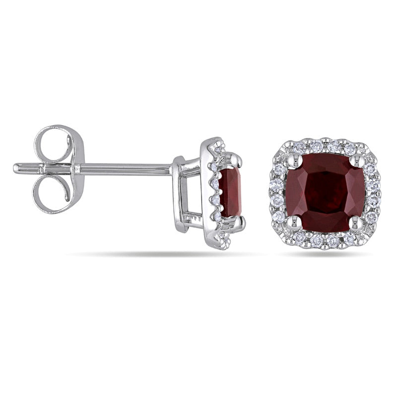 5.0mm Cushion-Cut Garnet and 0.1 CT. T.W. Diamond Stud Earrings in 10K White Gold