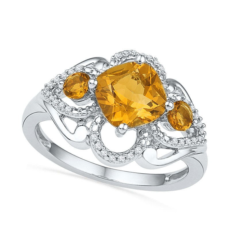 7.0mm Cushion-Cut Citrine and 0.10 CT. T.W. Natural Diamond Ring in Sterling Silver