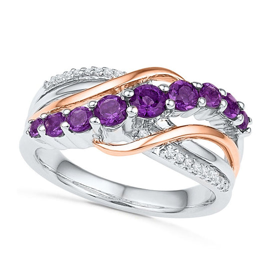 Amethyst and Natural Diamond Accent Slant Ring in Sterling Silver and Solid 10K Rose Gold