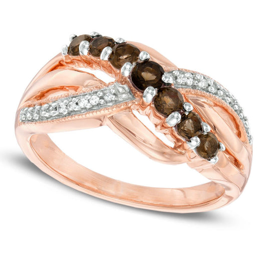 Smoky Quartz and Natural Diamond Accent Slant Ring in Solid 10K Rose Gold