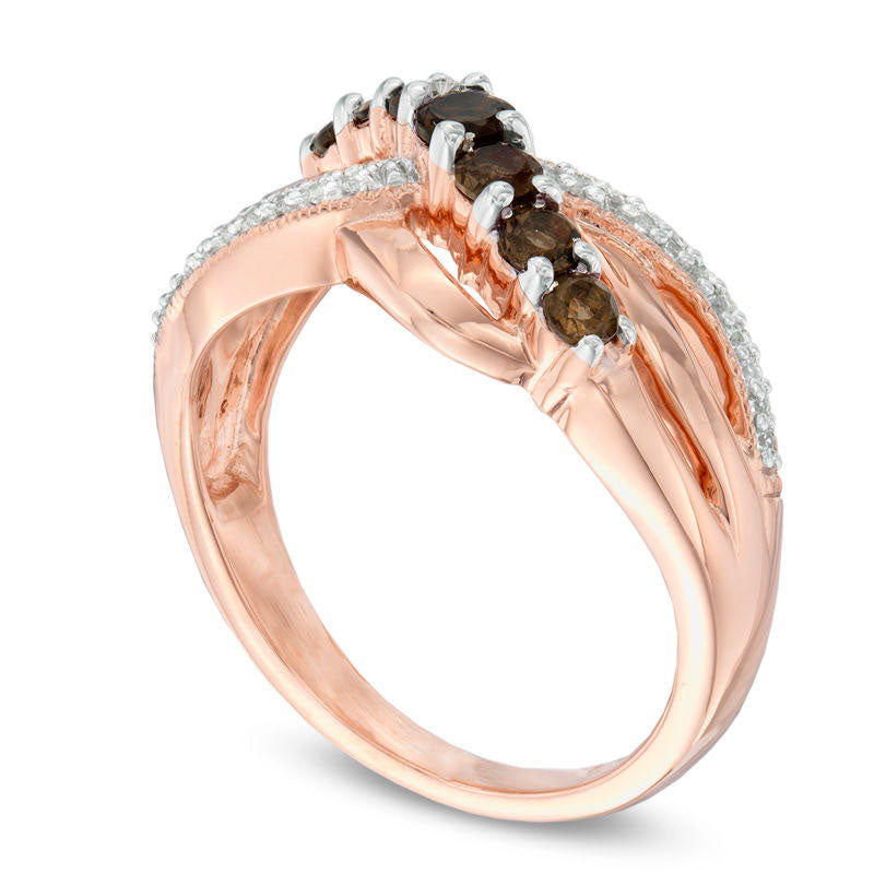 Smoky Quartz and Natural Diamond Accent Slant Ring in Solid 10K Rose Gold