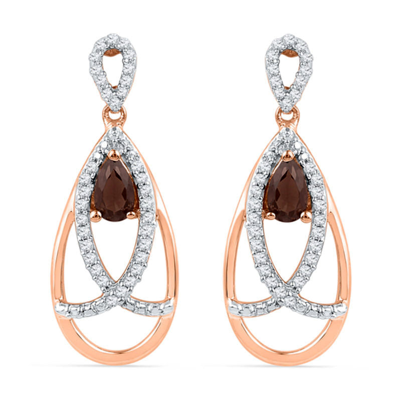 Pear-Shaped Smoky Quartz and 0.25 CT. T.W. Diamond Drape Drop Earrings in 10K Rose Gold