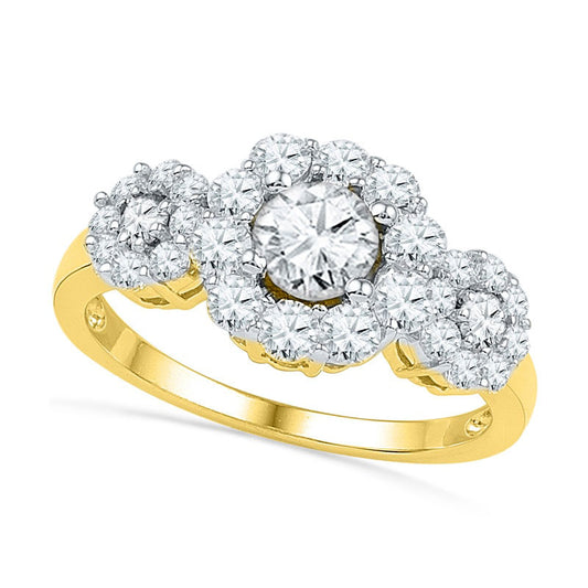 Lab-Created White Sapphire Three Stone Frame Engagement Ring in Solid 10K Yellow Gold