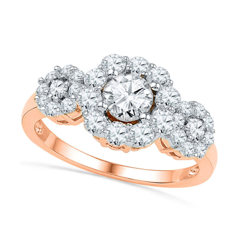 Lab-Created White Sapphire Three Stone Frame Engagement Ring in Solid 10K Rose Gold