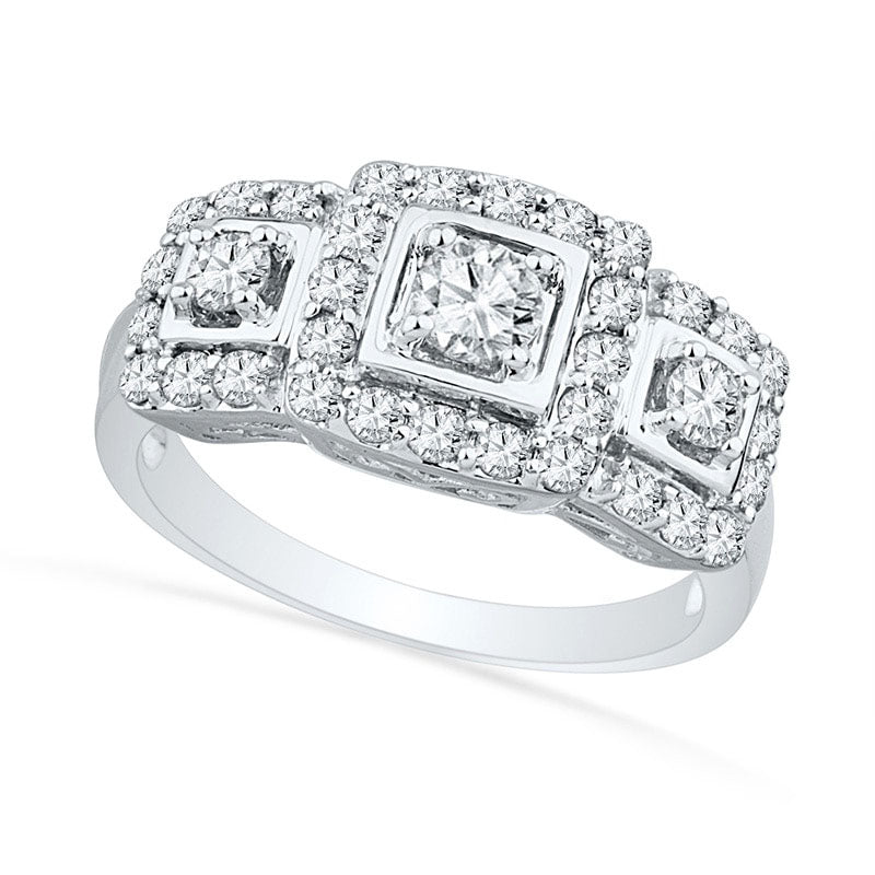 Lab-Created White Sapphire Square Frame Three Stone Engagement Ring in Sterling Silver