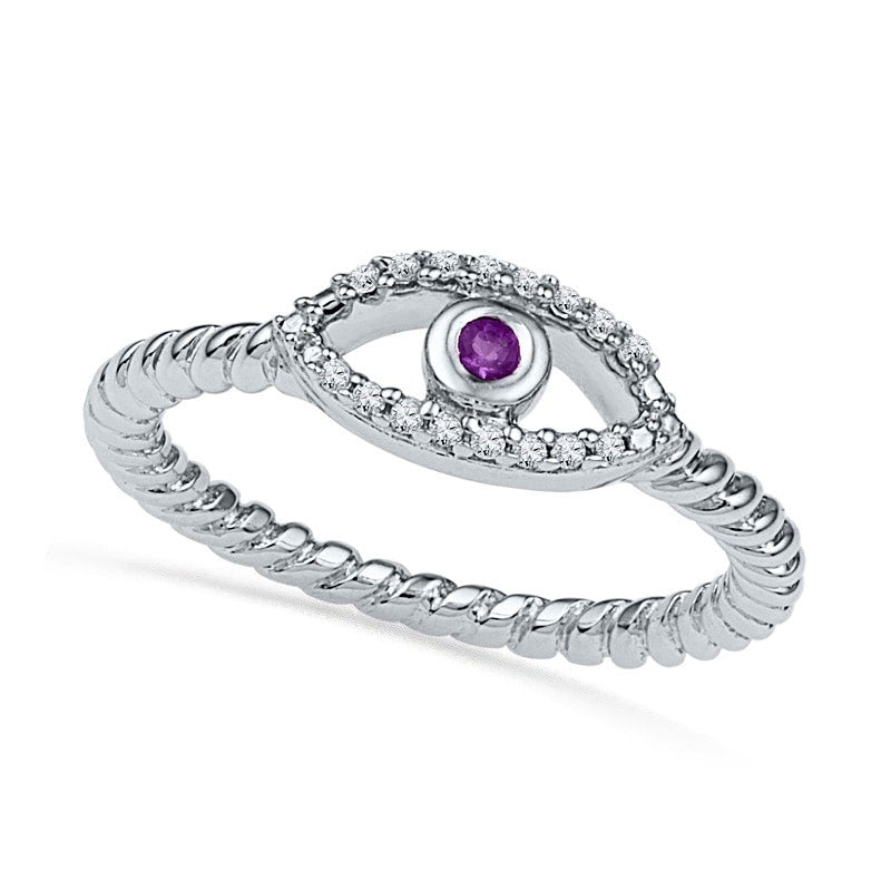 Amethyst and Natural Diamond Accent Evil Eye Midi Ring in Sterling Silver