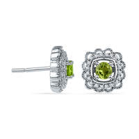 4.0mm Peridot and 0.1 CT. T.W. Diamond Flower Frame Stud Earrings in Sterling Silver