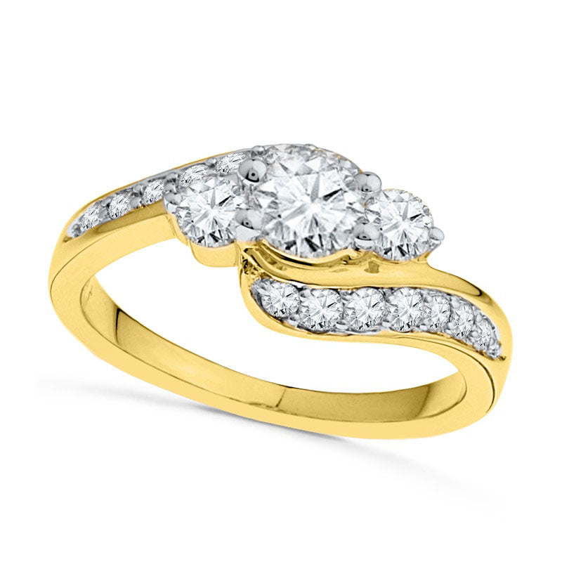 Lab-Created White Sapphire Three Stone Bypass Engagement Ring in Solid 10K Yellow Gold