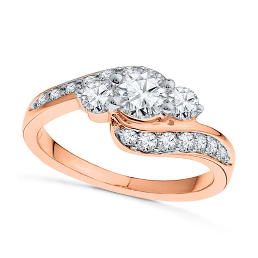 Lab-Created White Sapphire Three Stone Bypass Engagement Ring in Solid 10K Rose Gold