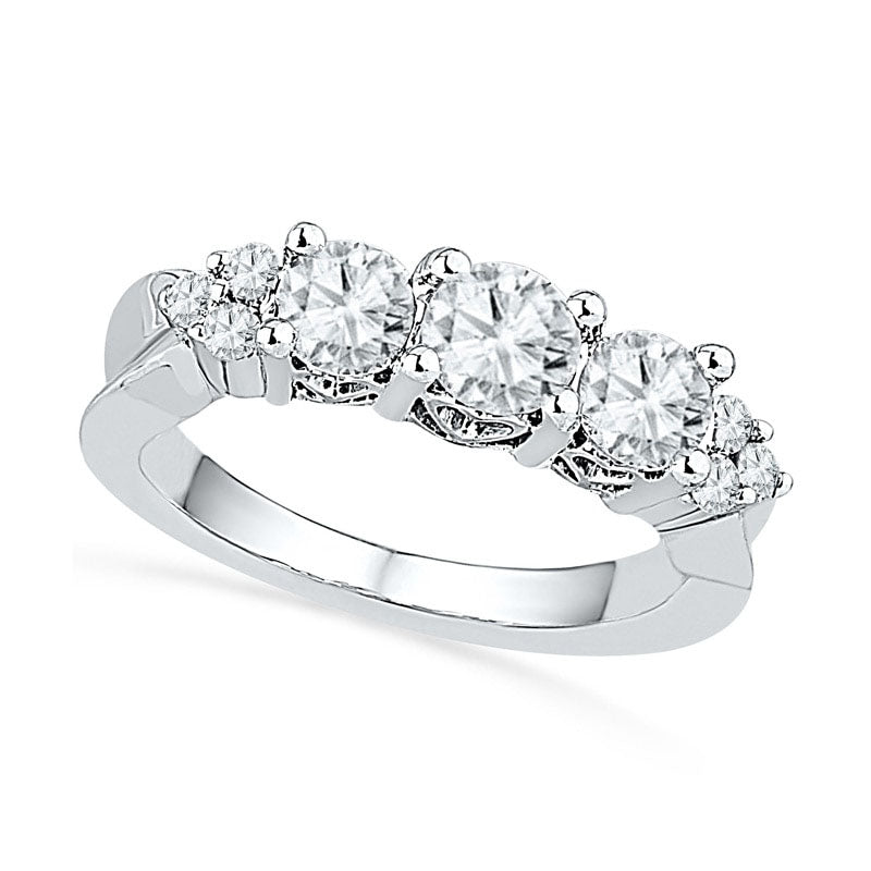 Lab-Created White Sapphire and 0.10 CT. T.W. Diamond Three Stone Engagement Ring in Sterling Silver