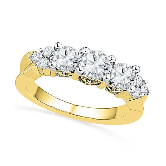 Lab-Created White Sapphire and 0.10 CT. T.W. Diamond Three Stone Engagement Ring in Solid 10K Yellow Gold