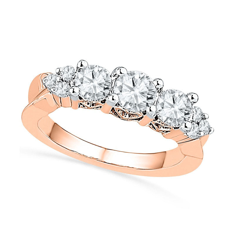 5.2mm Lab-Created White Sapphire and 0.10 CT. T.W. Diamond Three Stone Engagement Ring in Solid 10K Rose Gold