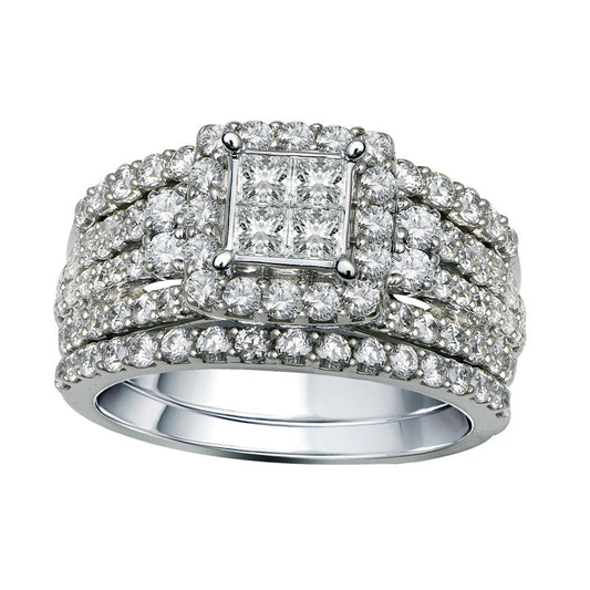 2.0 CT. T.W. Quad Princess-Cut Natural Diamond Layered Three Piece Bridal Engagement Ring Set in Solid 14K White Gold