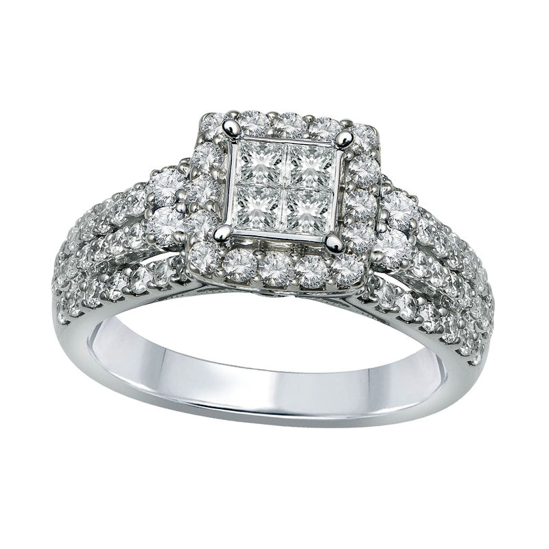 2.0 CT. T.W. Quad Princess-Cut Natural Diamond Layered Three Piece Bridal Engagement Ring Set in Solid 14K White Gold