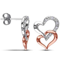 Diamond Accent Double Heart Drop Earrings in Two-Tone Sterling Silver