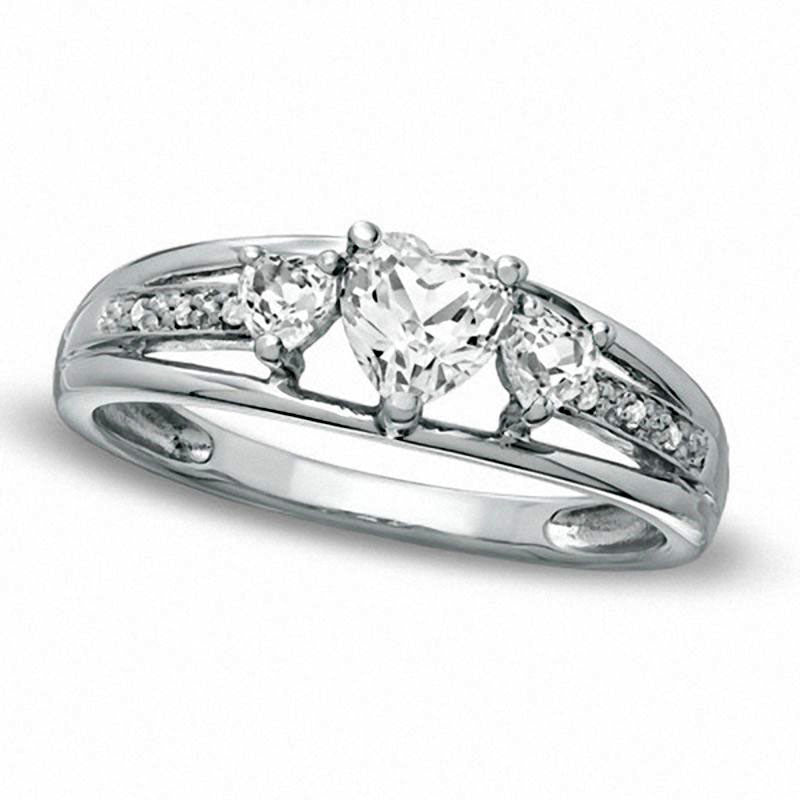 Heart-Shaped White Topaz and Natural Diamond Accent Three Stone Promise Ring in Solid 10K White Gold