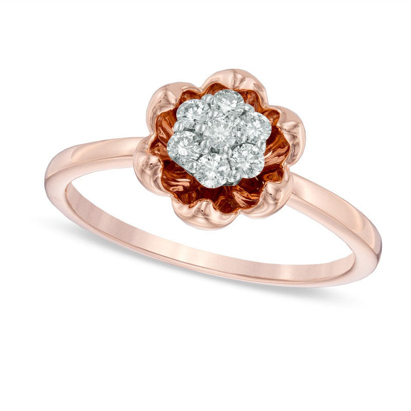 0.20 CT. T.W. Natural Diamond Cluster with Flower Frame Ring in Solid 14K Rose Gold