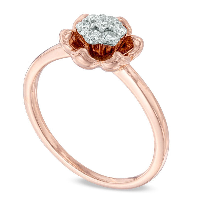 0.20 CT. T.W. Natural Diamond Cluster with Flower Frame Ring in Solid 14K Rose Gold