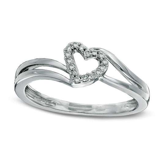 Natural Diamond Accent Offset Heart Ring in Solid 10K White Gold