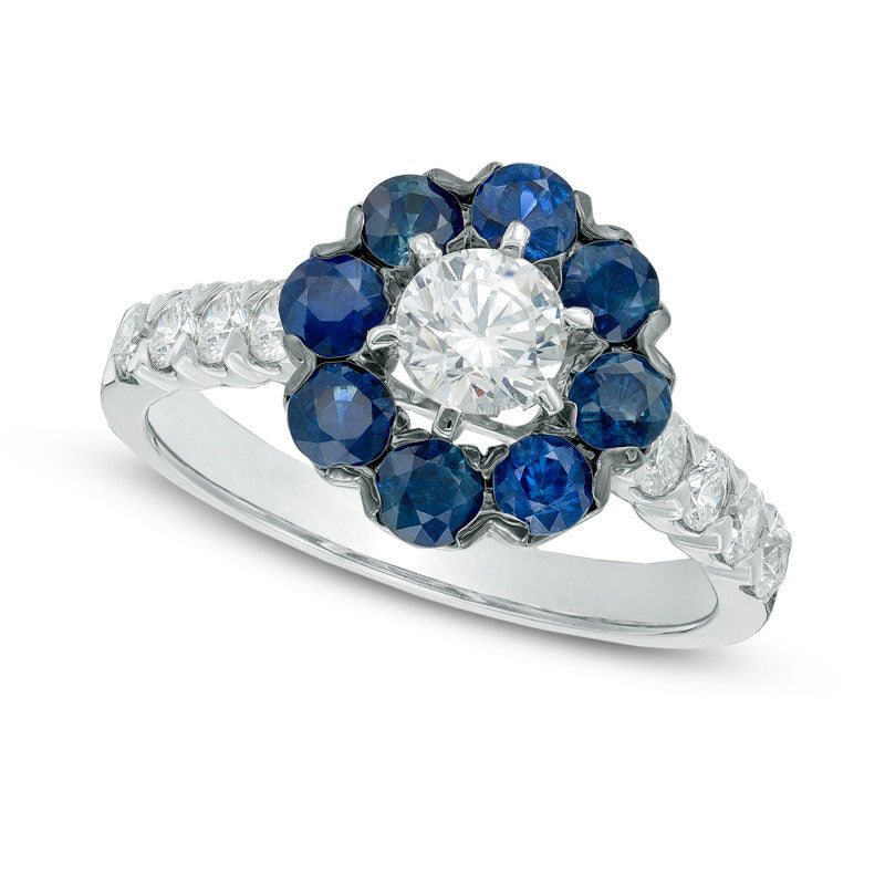 1.0 CT. T.W. Natural Diamond and Blue Sapphire Frame Engagement Ring in Solid 14K White Gold