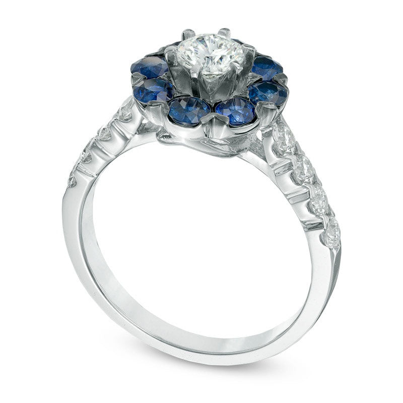 1.0 CT. T.W. Natural Diamond and Blue Sapphire Frame Engagement Ring in Solid 14K White Gold