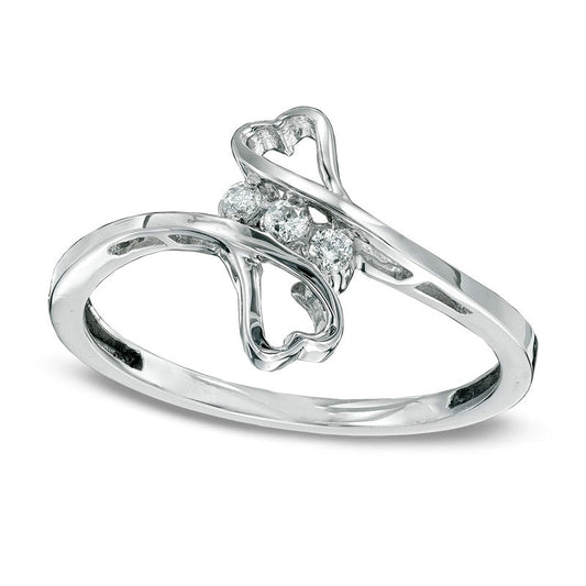 Natural Diamond Accent Three Stone Bypass Hearts Ring in Solid 10K White Gold