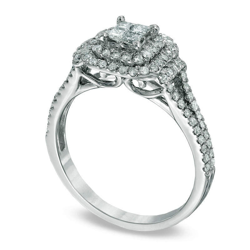 0.63 CT. T.W. Quad Princess-Cut Natural Diamond Double Frame Engagement Ring in Solid 14K White Gold