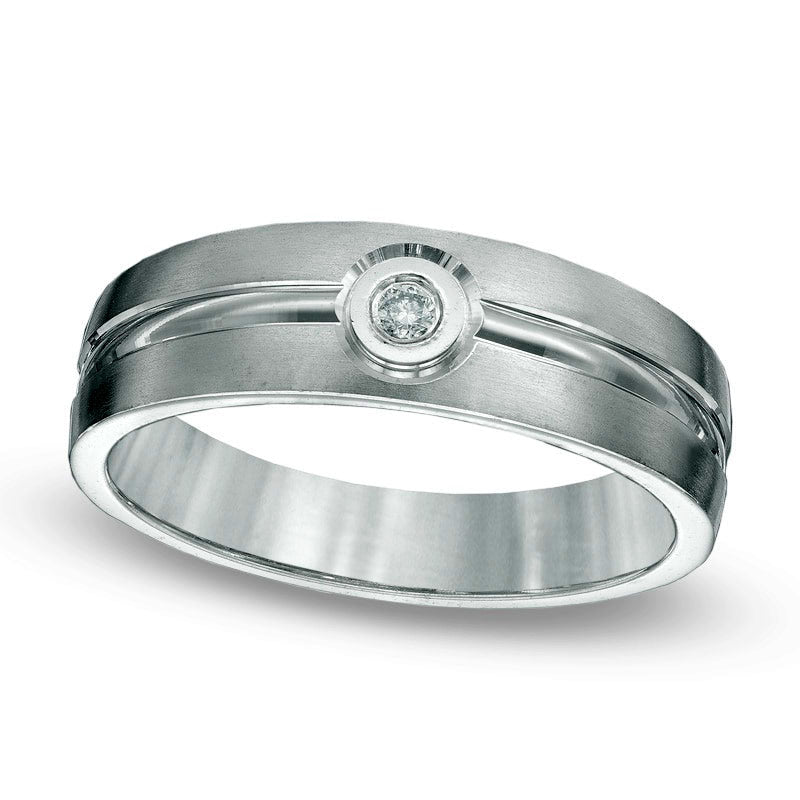 Men's Natural Diamond Accent Center Groove Wedding Band in Solid 10K White Gold