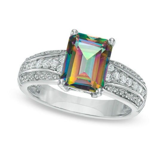 Emerald-Cut Mystic Fire® Topaz and 0.17 CT. T.W. Natural Diamond Ring in Solid 10K White Gold