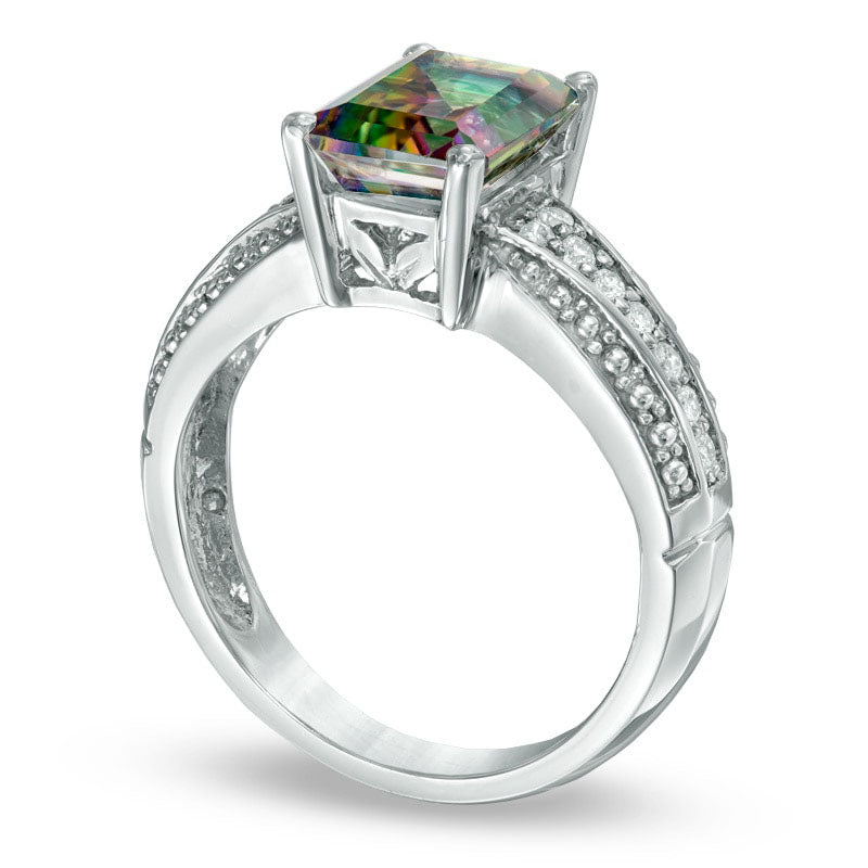 Emerald-Cut Mystic Fire® Topaz and 0.17 CT. T.W. Natural Diamond Ring in Solid 10K White Gold